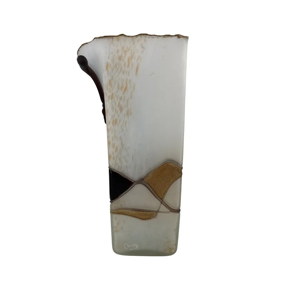 Omaggio Vetro Italiano Hand Made Art Glass Vase Frosted Blue Amber Zipper‎ Top
